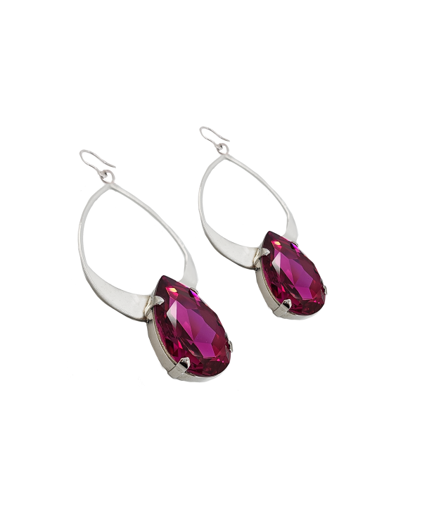 Vogue Pink Teardrop Crystal and Rhodium Metal Teardrop Earrings, 7cm long - Image 3