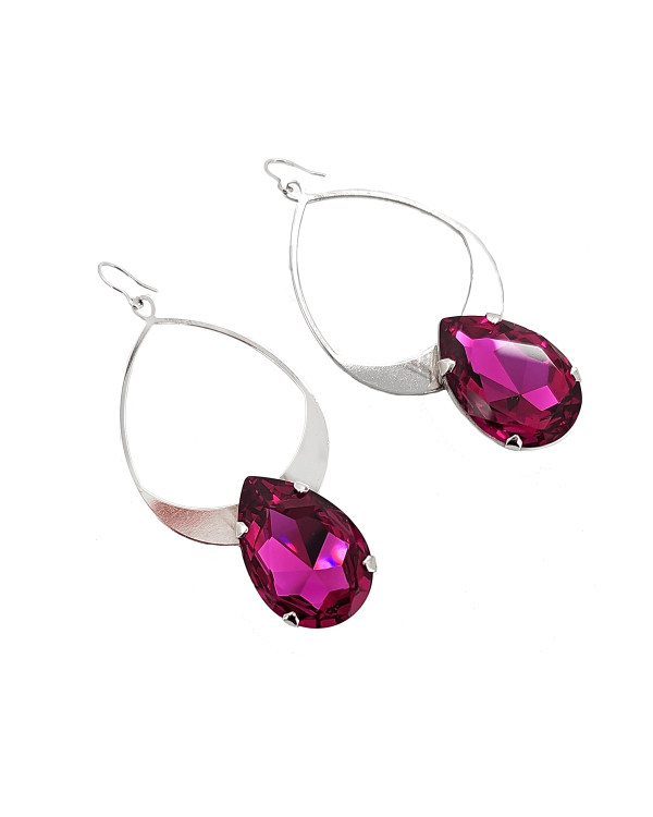 Vogue Pink Teardrop Crystal and Rhodium Metal Teardrop Earrings, 7cm long - Image 4