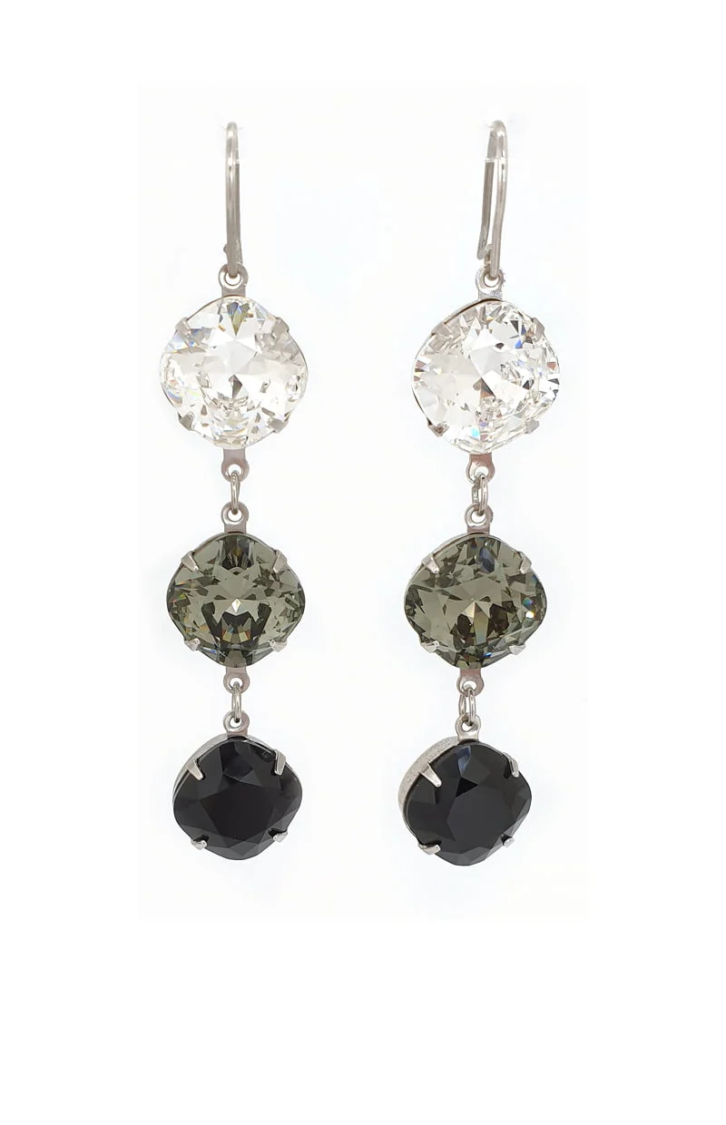 Remi Clear Grey Black Crystal Earrings Diamond Shape 6cm Long Rhodium, Tri colour