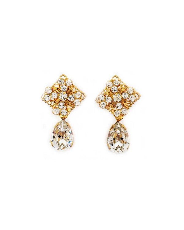 Lace Dreams Clear Crystal Diamond Shape Bridal Studs, Gold Metal 4cm long