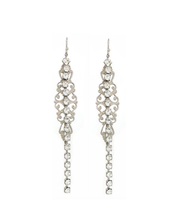 Nightfall Crystal Filigree Clear Long Drop Earrings, silver metal 12cm earrings