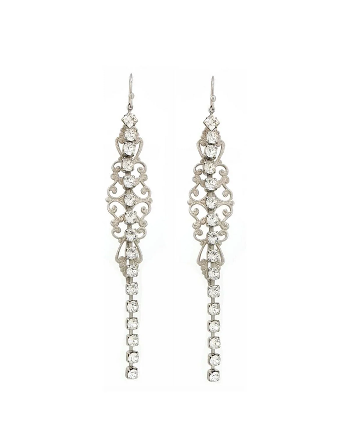 Nightfall Crystal Filigree Clear Long Drop Earrings, silver metal 12cm earrings