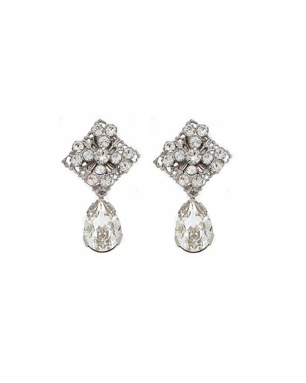 Lace Dreams Clear Crystal Diamond Shape Bridal Studs, Rhodium Metal 4cm long