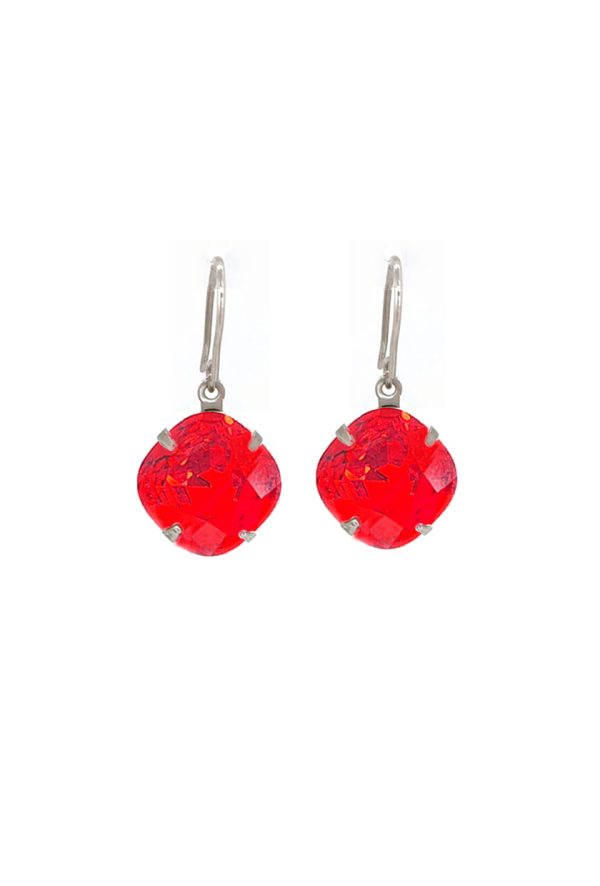Remi Fire Red Crystal Earrings Diamond Shape, 2cm Long Rhodium Metal - Image 5