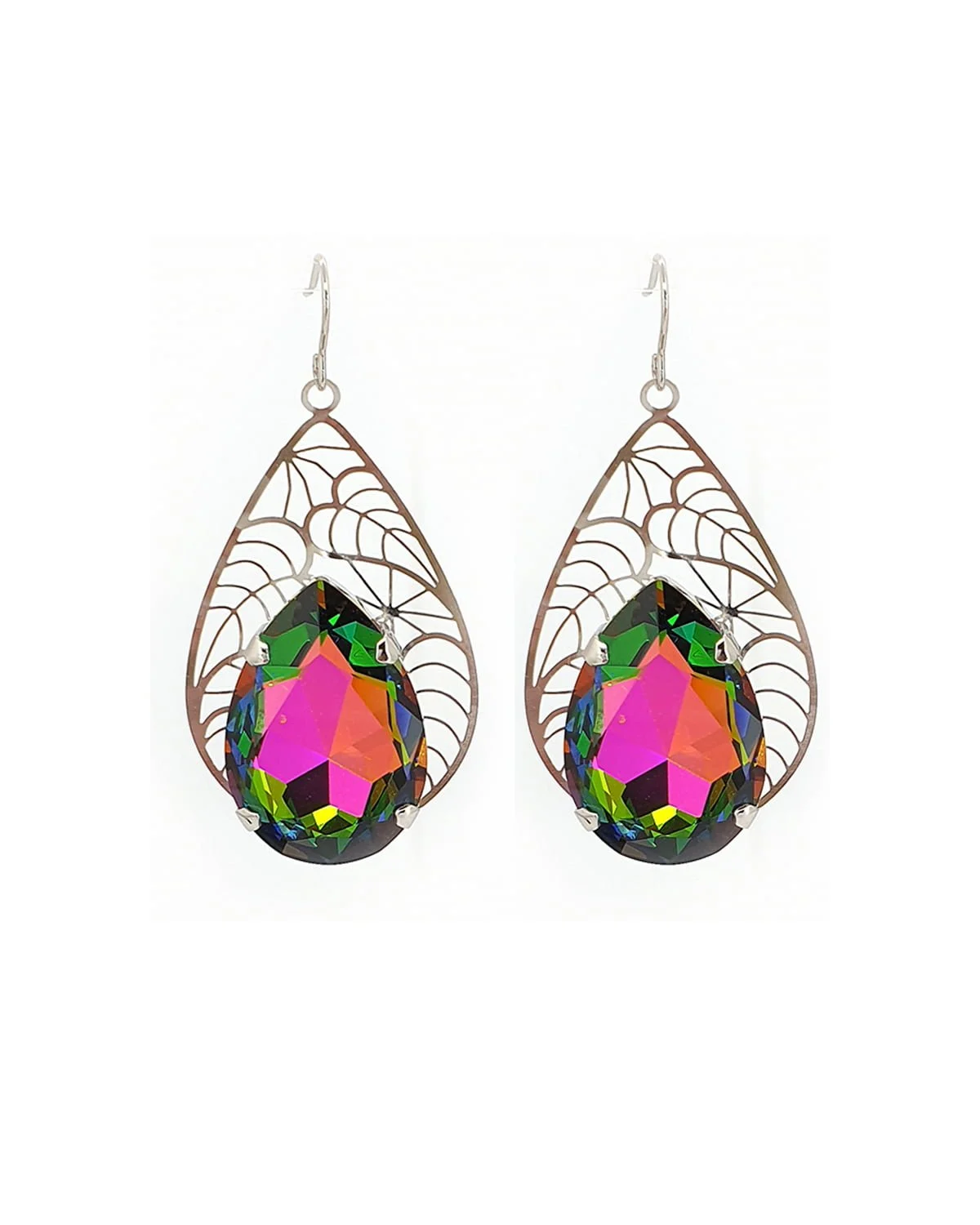 Cleo Iris Multi-Coloured Crystal Teardrop Earrings, Filigree Rhodium Metal 5cm long