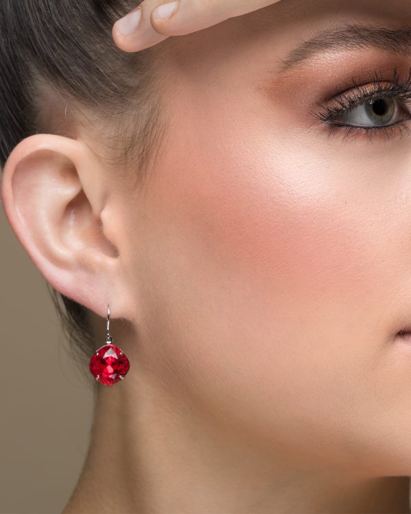 Remi Fire Red Crystal Earrings Diamond Shape, 2cm Long Rhodium Metal - Image 4