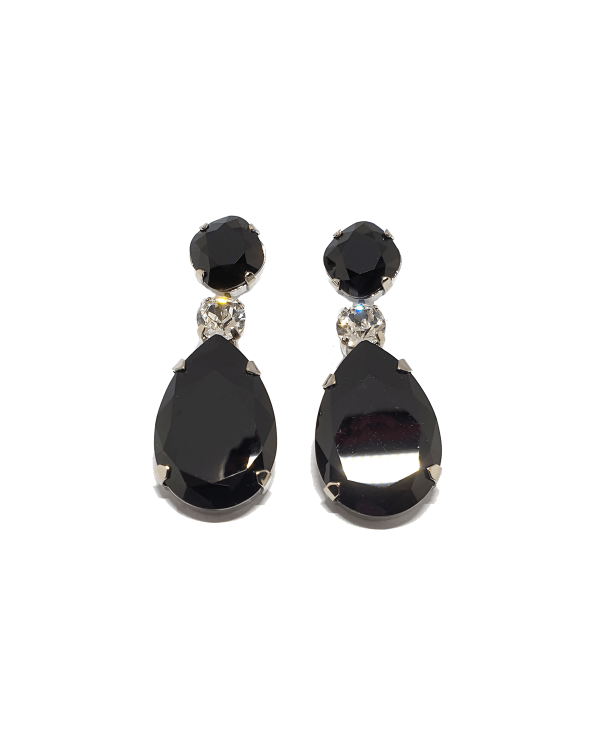 Astor Black Crystal Teardrop Earrings Rhodium Metal, 5cm Long
