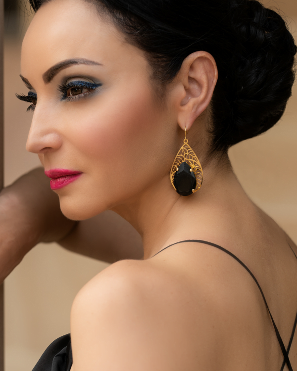 Cleo Sable Black Crystal Teardrop Earrings, Gold Metal 5cm Earrings - Image 2
