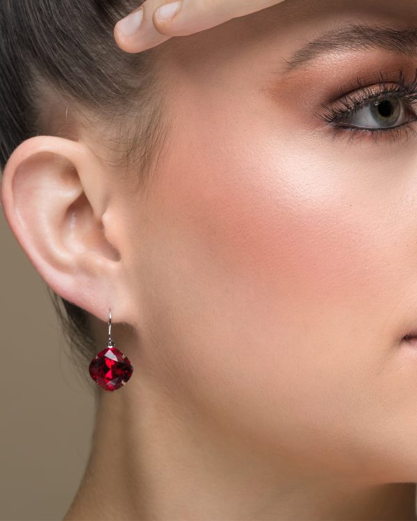 Remi Fire Red Crystal Earrings Diamond Shape, 2cm Long Rhodium Metal - Image 2