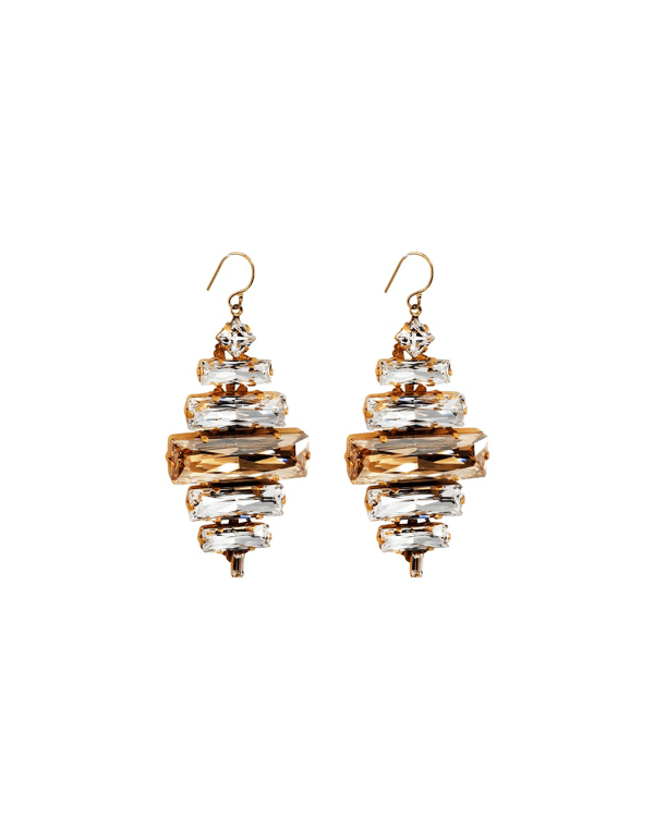 Martini Swings Gold Clear Crystal Baguette Earring, Gold Metal 6cm long, Diamond Shape