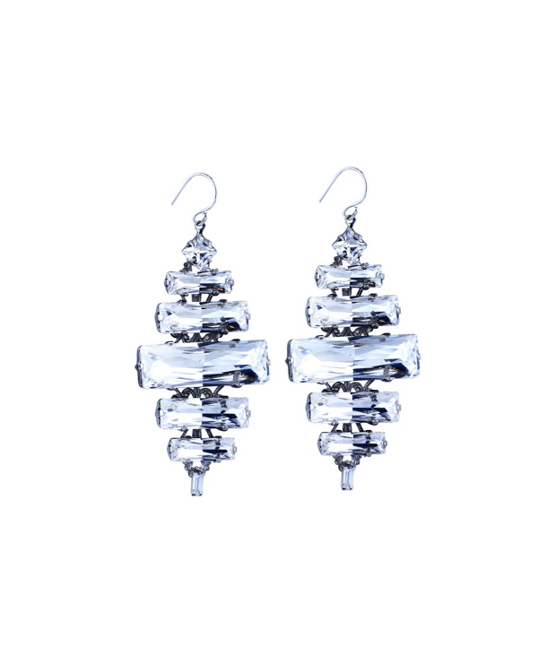 Martini Swings Clear Crystal Baguette Earring, Rhodium Metal 6cm long, Diamond Shape