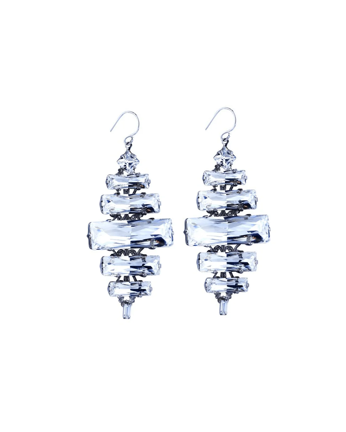 Martini Swings Clear Crystal Baguette Earring, Rhodium Metal 6cm long, Diamond Shape