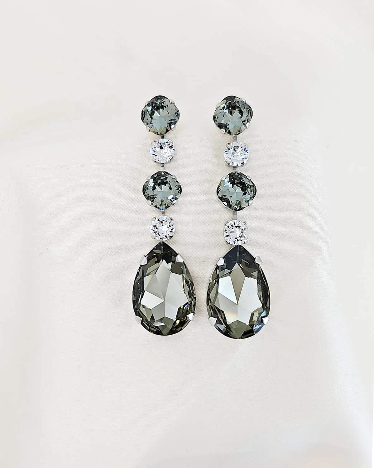 Astor Grey and Clear Crystal Chandelier Earrings, 8cm long, Rhodium Metal, Bridesmaids Earrings