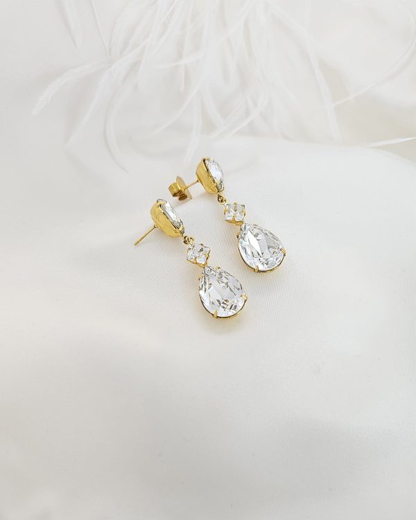 Stealing Kisses Clear Crystal Teardrop Bridal Earring, Gold Metal 5cm long - Image 3
