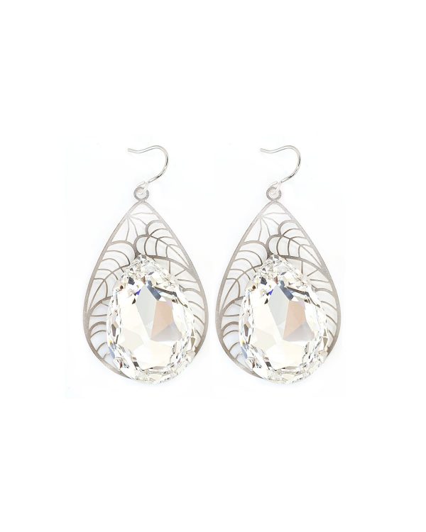 Cleo Clear Crystal Teardrop Earrings, Filigree Rhodium Metal 5cm long