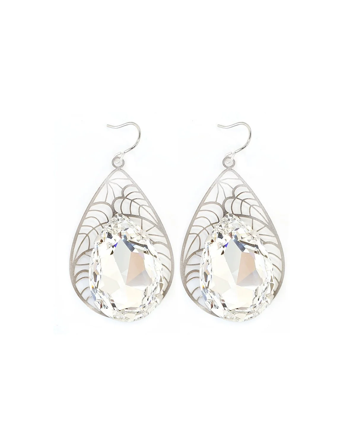Cleo Clear Crystal Teardrop Earrings, Filigree Rhodium Metal 5cm long