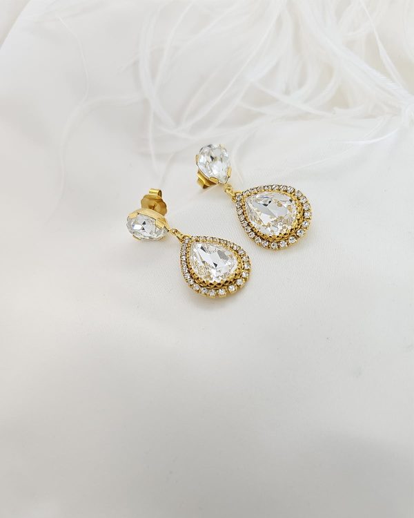 Milan Clear Crystal Teardrop Bridal Earrings, 4cm Long, Gold Metal