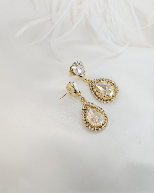 Milan Clear Gold Crystal Teardrop Bridal Earrings, 4cm Long, Gold Metal - Image 3