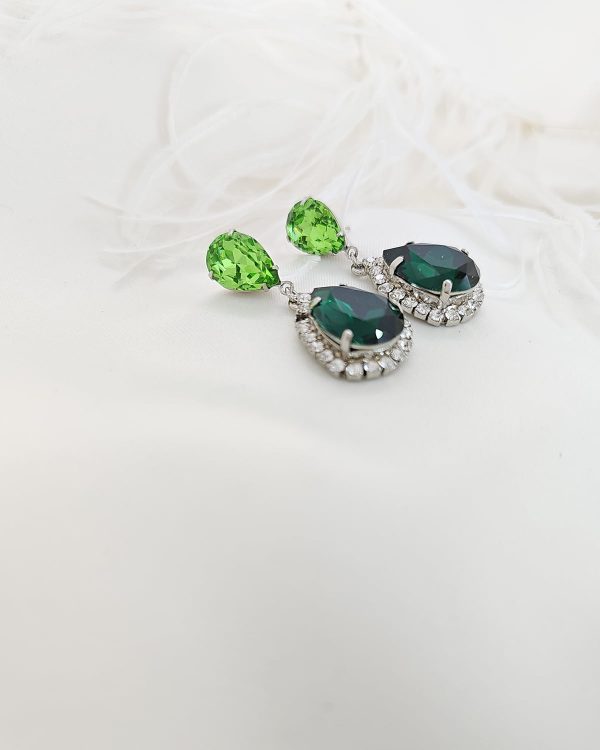Milan Green Crystal Teardrop Earring, Rhodium Metal 4cm long - Image 5