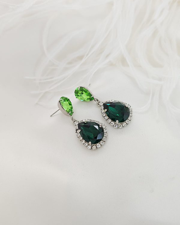 Milan Green Crystal Teardrop Earring, Rhodium Metal 4cm long - Image 3