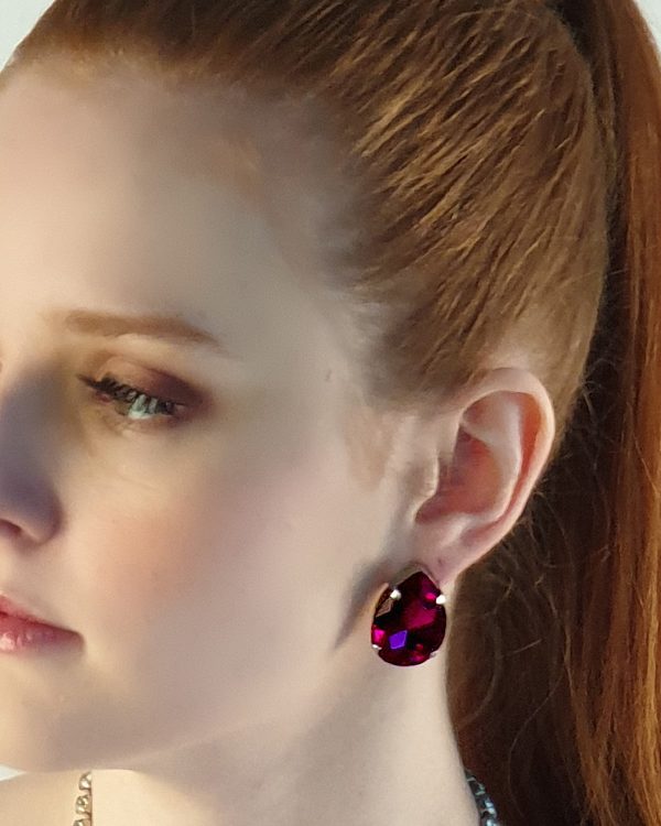 Manhattan Magenta Pink Crystal Teardrop Studs, Gold Metal 3cm long - Image 2