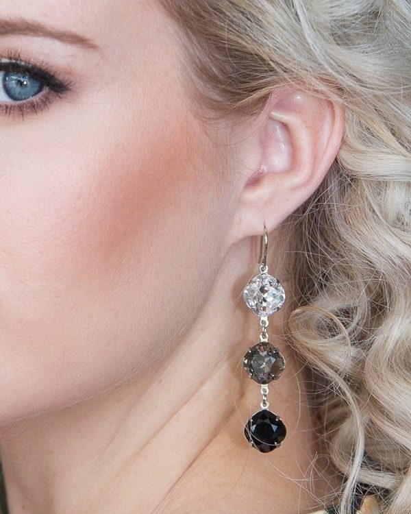 Remi Clear Grey Black Crystal Earrings Diamond Shape 6cm Long Rhodium, Tri colour - Image 5