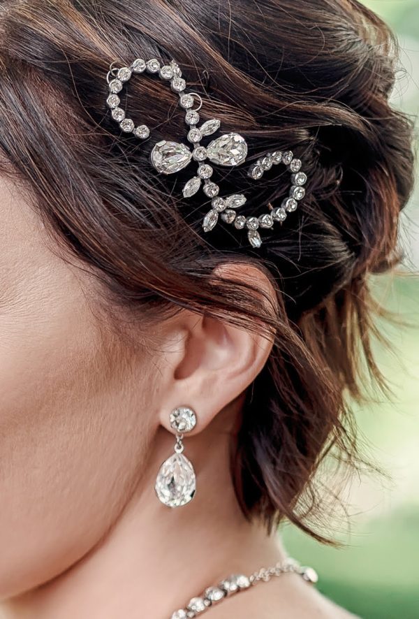 Stealing Kisses Clear Crystal Teardrop Bridal Studs, Rhodium Metal 3.5cm long - Image 3