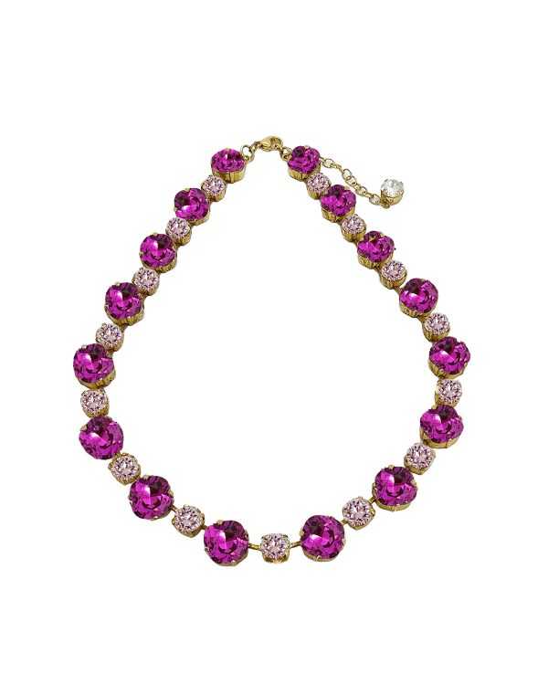 Halo Bridal Necklace Pink and Clear Crystals, Gold Metal