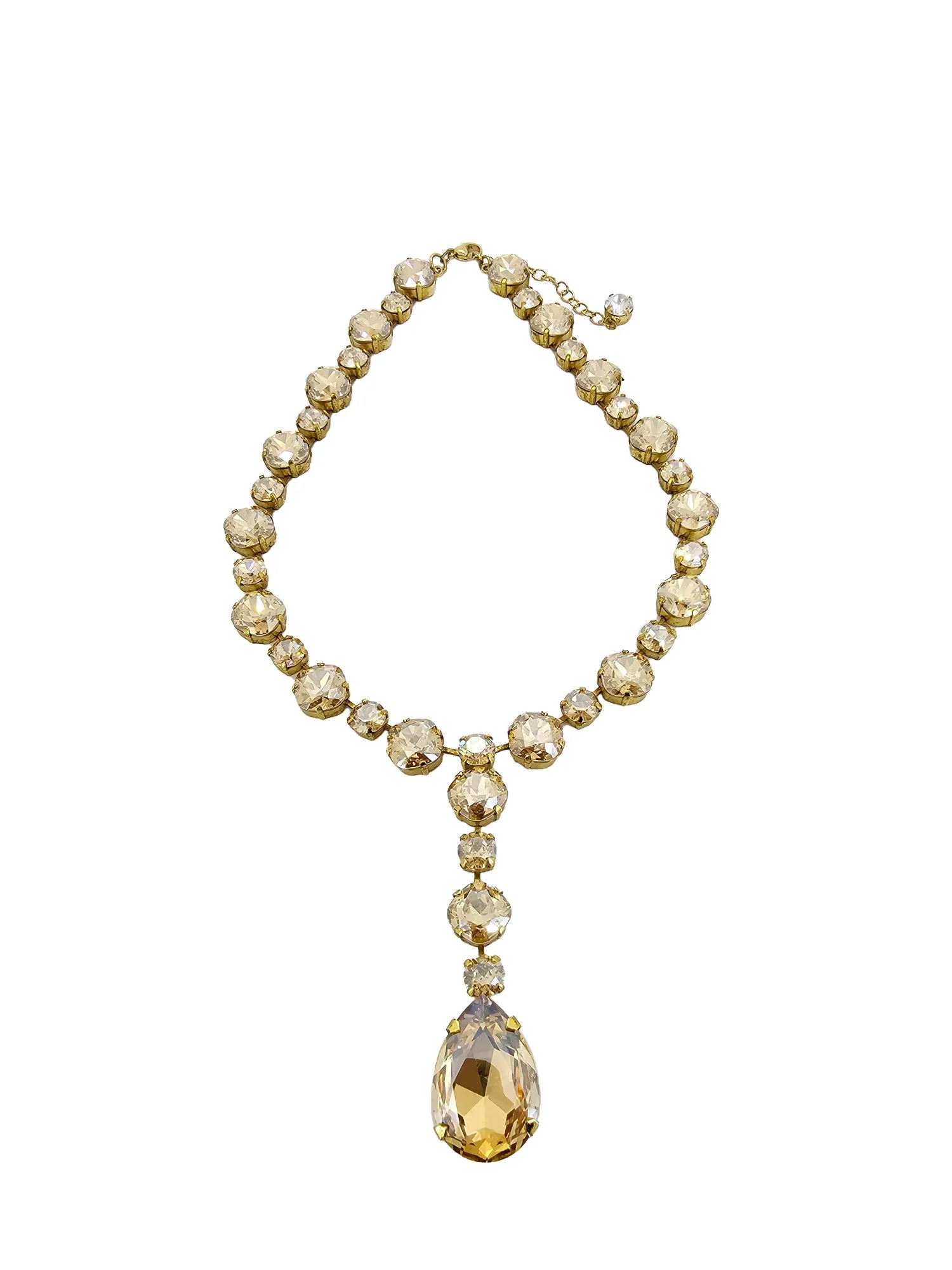 Halo Crystal Bridal Necklace Grand Gold Crystals, Pendant 8cm long, Gold Metal