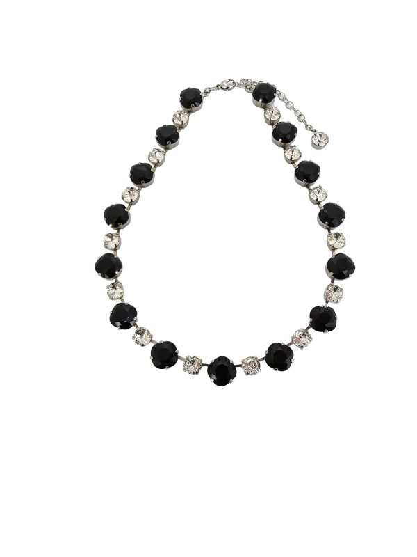 Halo Necklace Black and Clear Crystals, Rhodium Metal