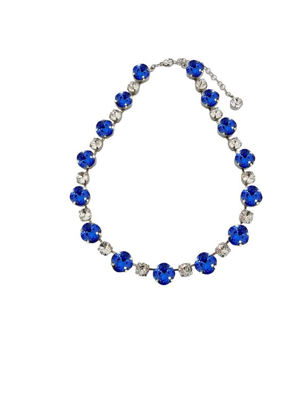 Halo Necklace Blue and Clear Crystals, Rhodium Metal