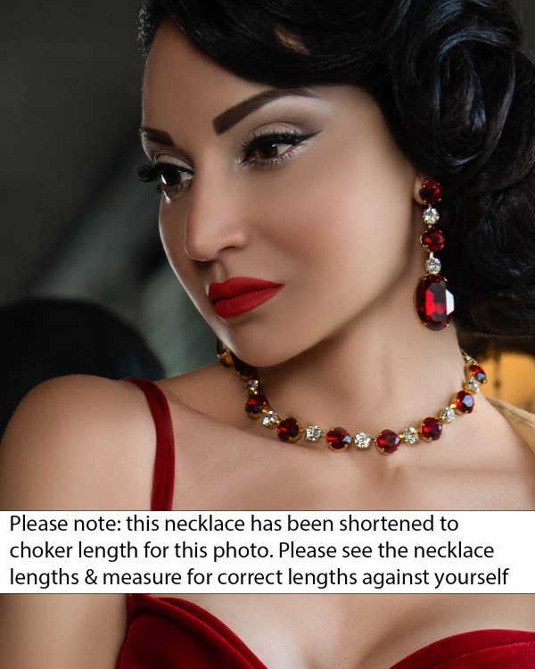 Halo Crystal Necklace Red and Clear Crystals, Gold Metal - Image 2