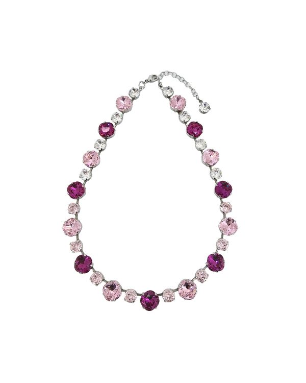 Halo Bridal Necklace Pink and Clear Crystals, Rhodium Metal