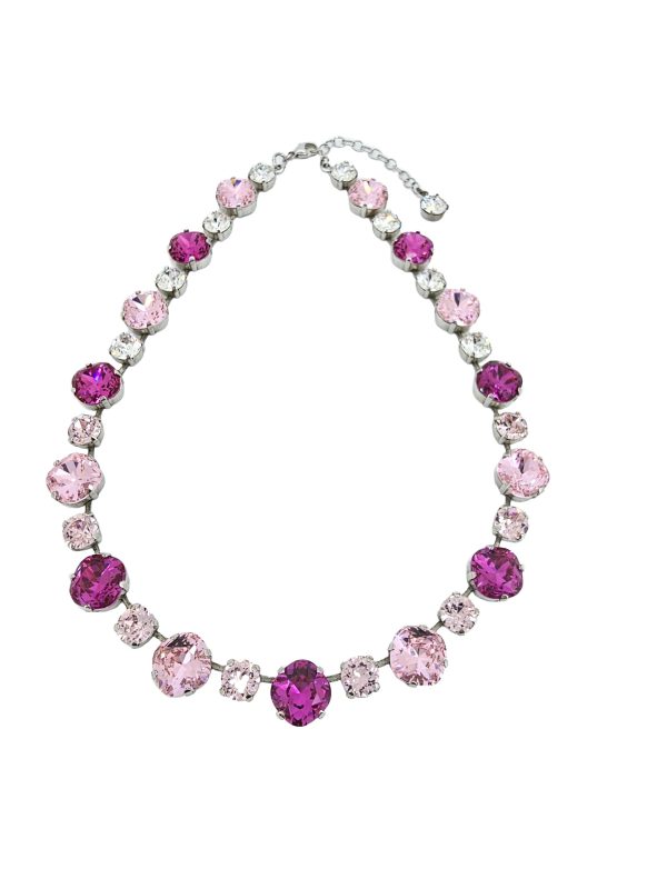 Halo Bridal Necklace Pink and Clear Crystals, Rhodium Metal - Image 5
