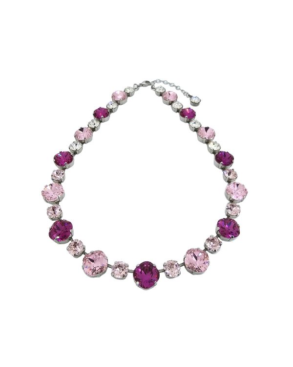 Halo Bridal Necklace Pink and Clear Crystals, Rhodium Metal - Image 3