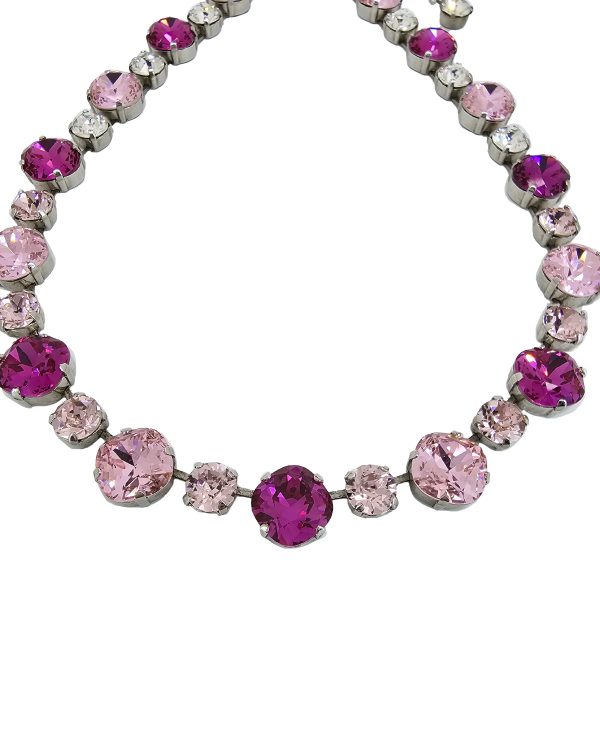 Halo Bridal Necklace Pink and Clear Crystals, Rhodium Metal - Image 4