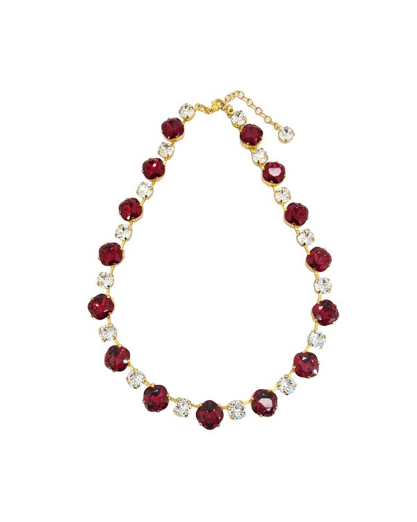 Halo Crystal Necklace Red and Clear Crystals, Gold Metal