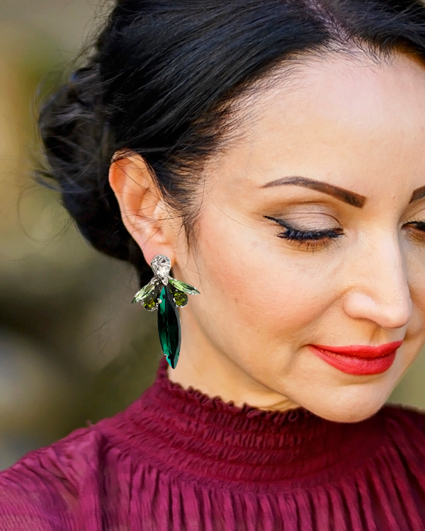 Parisian Green Crystal Marquise Earring, Rhodium Metal 5cm long - Image 4