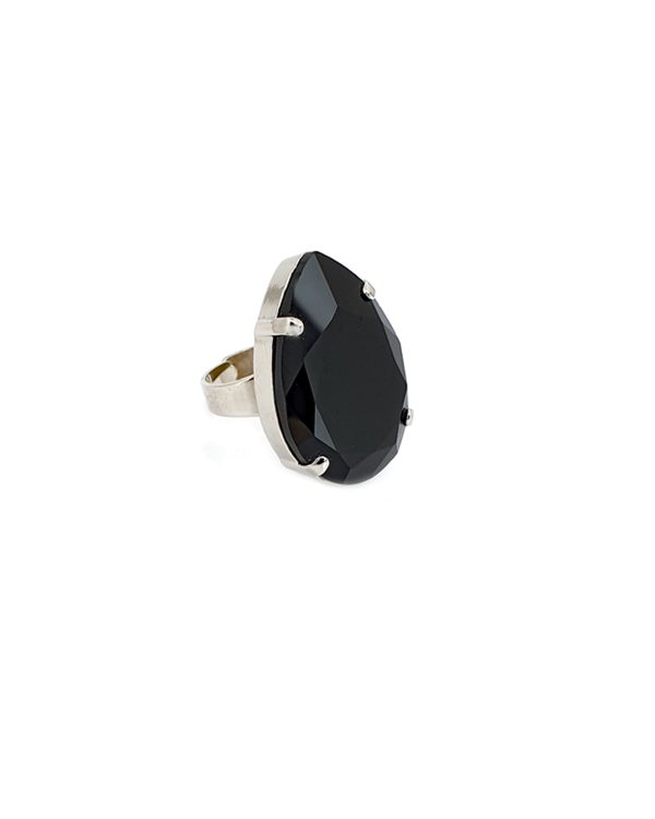 Manhattan Black Teardrop Crystal Ring, Rhodium Metal, 3cm long - Image 6
