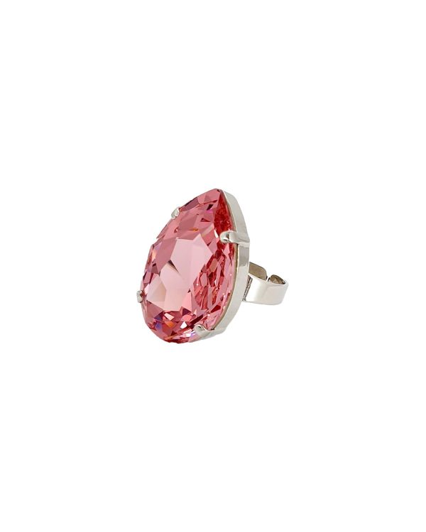 Manhattan Rose Pink Teardrop Crystal Ring, Rhodium Metal, 3cm long - Image 6