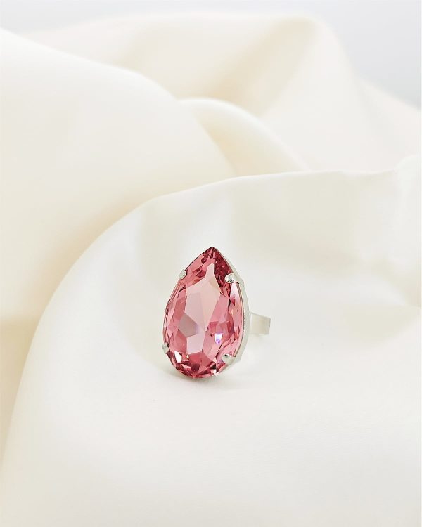 Manhattan Rose Pink Teardrop Crystal Ring, Rhodium Metal, 3cm long - Image 3