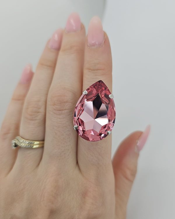 Manhattan Rose Pink Teardrop Crystal Ring, Rhodium Metal, 3cm long - Image 2