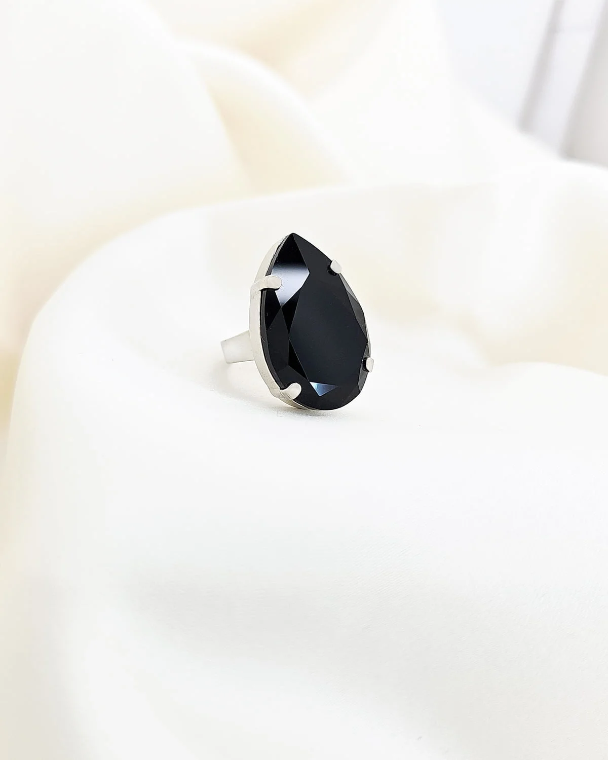 Manhattan Black Teardrop Crystal Ring, Rhodium Metal, 3cm long