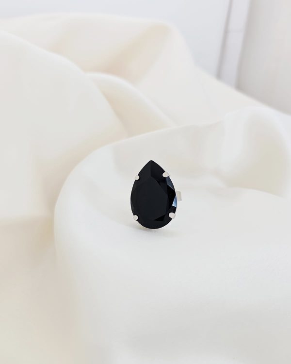 Manhattan Black Teardrop Crystal Ring, Rhodium Metal, 3cm long - Image 3