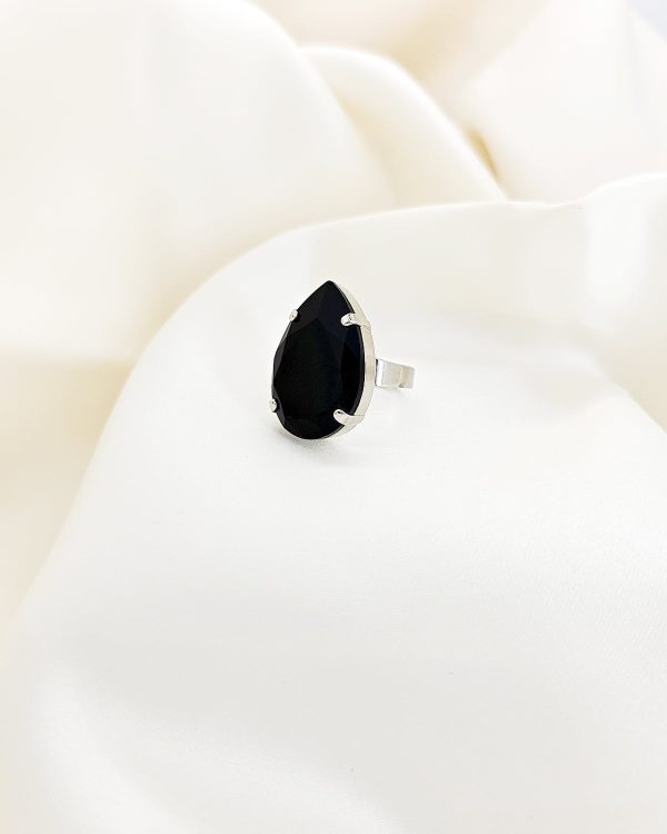 Manhattan Black Teardrop Crystal Ring, Rhodium Metal, 3cm long - Image 4
