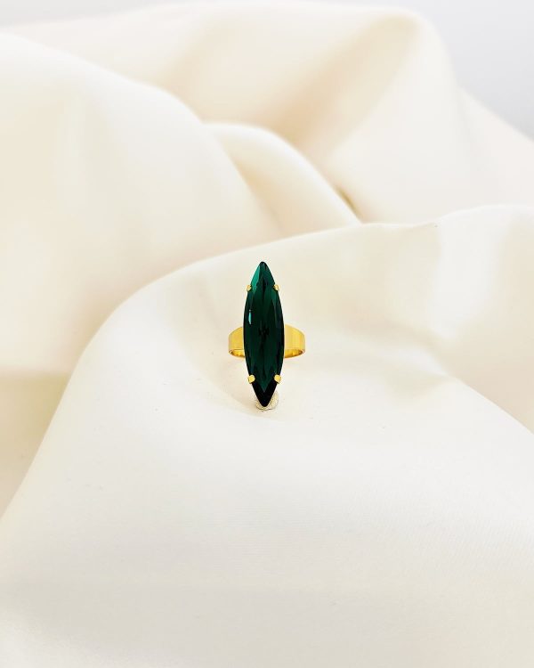 Parisian Emerald Green Navette Crystal Ring, Gold Metal, 3cm long - Image 5