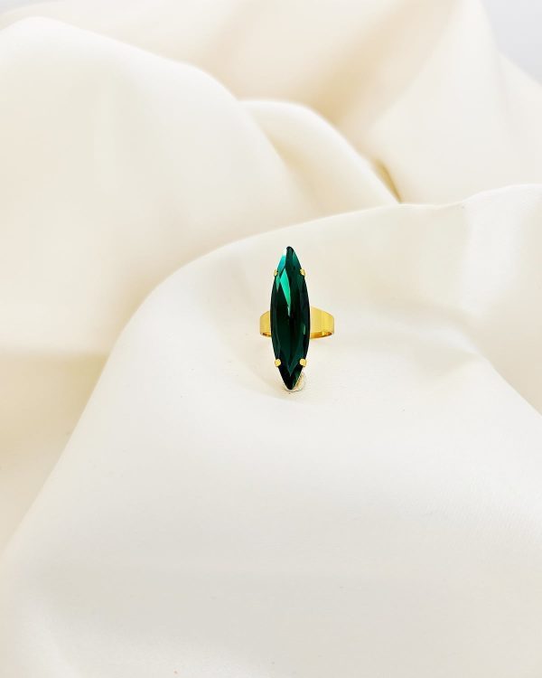 Parisian Emerald Green Navette Crystal Ring, Gold Metal, 3cm long - Image 4