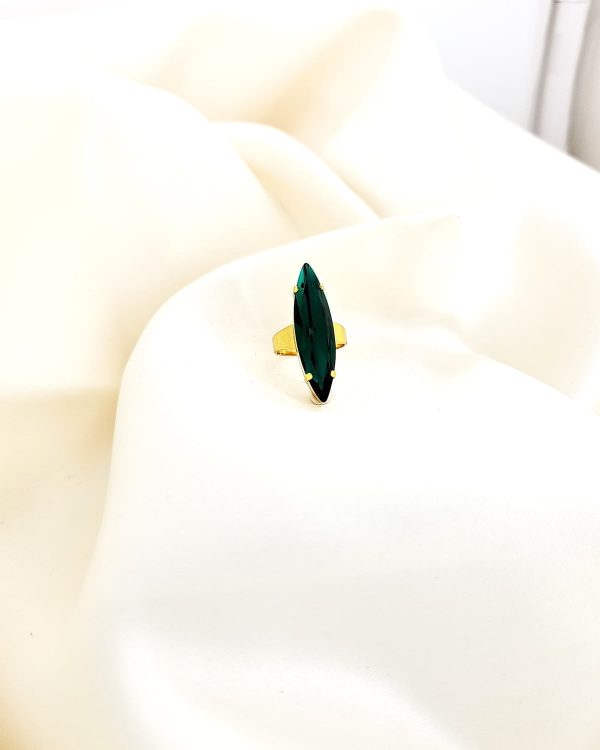 Parisian Emerald Green Navette Crystal Ring, Gold Metal, 3cm long