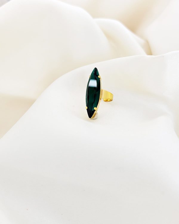 Parisian Emerald Green Navette Crystal Ring, Gold Metal, 3cm long - Image 3