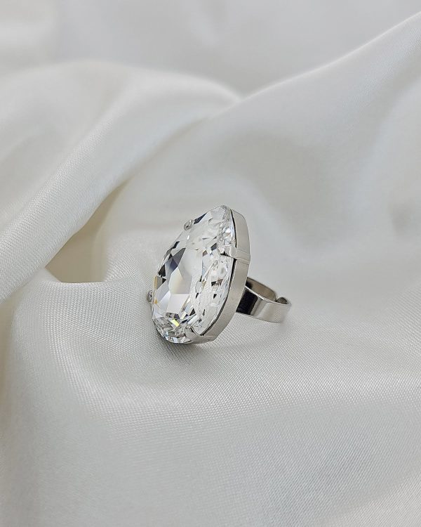 Manhattan Rose Pink Teardrop Crystal Ring, Rhodium Metal, 3cm long - Image 10